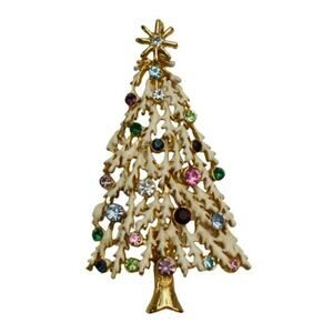 1980s Gold Plate Multi Colored Rhinestones White Enamel Christmas Tree Pendant